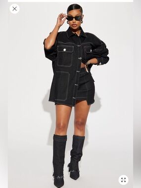 Olive Denim Two-Piece Shirt Jacket and Mini Skirt Set